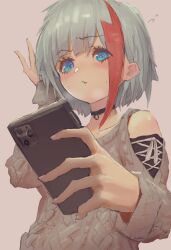  @_@ admiral_graf_spee_(azur_lane) admiral_graf_spee_(peaceful_daily_life)_(azur_lane) azur_lane black_choker blue_eyes blush cellphone choker commentary_request flustered flying_sweatdrops highres holding holding_phone multicolored_hair neg_(101neg) official_alternate_costume parted_lips phone pink_background red_hair red_streaks short_hair simple_background smartphone streaked_hair upper_body white_hair 