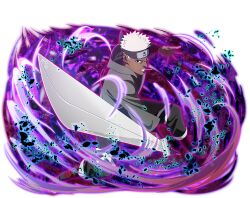  1boy clenched_teeth dark-skinned_male dark_skin forehead_protector grey_hoodie holding holding_sword holding_weapon hood hoodie looking_at_viewer naruto_(series) naruto_shippuuden:_ultimate_ninja_blazing official_art omoi_(naruto) short_hair sword teeth very_dark_skin weapon white_hair 