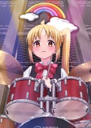  1girl absurdres ahoge black_vest blonde_hair bocchi_the_rock! bow bowtie braid choppy_bangs collared_shirt commentary_request cymbals drum drum_set drumsticks english_commentary highres holding holding_drumsticks ijichi_nijika instrument long_hair looking_at_viewer mixed-language_commentary parted_lips polka_dot polka_dot_bow polka_dot_bowtie rainbow red_bow red_bowtie red_eyes shimizu_keitaro shirt side_ponytail side_ponytail_with_braided_base solo vest white_shirt 