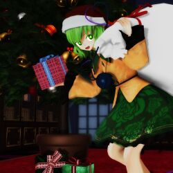  1girl :d bell bow box buttons christmas christmas_ornaments christmas_tree collared_shirt commentary_request contrast_collar diamond_button duplicate feet_out_of_frame floral_print frilled_shirt_collar frilled_sleeves frills full_body furui gift gift_box glowing glowing_eyes green_eyes green_hair green_skirt hair_between_eyes hat hat_bow hat_ribbon heart heart_of_string holding holding_gift indoors jingle_bell komeiji_koishi long_sleeves looking_at_viewer mikumikudance_(medium) open_mouth pixel-perfect_duplicate ribbon rose_print sack santa_hat shirt skirt sleeves_past_wrists smile solo standing third_eye touhou wide_sleeves window yellow_ribbon yellow_shirt 