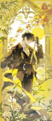  1boy absurdres arch black_cape black_gloves black_hair black_jacket black_pants black_vest branch cape chinese_commentary closed_eyes closed_mouth collared_shirt commentary_request cowboy_shot english_text flower gloves heimao_yuzu highres holding holding_sword holding_weapon jacket klein_moretti leaf lily_(flower) long_sleeves lord_of_the_mysteries male_focus maple_leaf media_player_interface necktie open_clothes open_jacket pants scarf shirt short_hair solo sun sword tree two-sided_cape two-sided_fabric vest weapon white_flower white_shirt yellow_leaves yellow_necktie yellow_scarf yellow_theme 