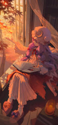  1girl absurdres against_bookshelf ankle_socks autumn autumn_leaves blanket blurry book bookshelf bow bun_cover butyou_(mika1412) candle collared_dress commentary_request crescent crescent_hat_ornament curtains depth_of_field dress footwear_bow frilled_dress frilled_shirt_collar frilled_sleeves frilled_socks frills fuzzy_footwear hair_bow hat hat_bow hat_ornament hat_ribbon highres holding holding_book indoors leaf long_dress long_hair looking_outside maple_leaf maple_tree mob_cap multiple_hair_bows neck_ribbon on_floor open_window outstretched_arm patchouli_knowledge purple_bow purple_hair reaching red_bow red_ribbon ribbon slippers socks solo striped_clothes striped_dress sunset through_window touhou tree vertical-striped_clothes vertical-striped_dress violet_eyes white_dress white_hat white_socks window windowsill 