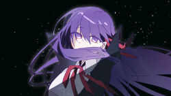  1girl bb_(fate) bb_(fate/extra) black_coat breasts chinese_commentary coat commentary_request fate/extra fate/extra_ccc fate_(series) hair_ribbon highres large_breasts lioyu_f long_hair purple_hair ribbon solo space upper_body very_long_hair violet_eyes 