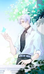  1boy animal belt belt_buckle black_pants black_shirt blue_sky brown_eyes buckle bug butterfly collared_shirt commentary_request day dress_shirt glasses grey_belt grey_hair highres kikizhouu long_sleeves male_focus open_clothes open_shirt outdoors pants puffy_long_sleeves puffy_sleeves railing shirt sky solo sunlight tears_of_themis vyn_richter_(tears_of_themis) white_shirt 