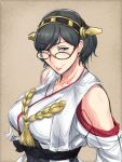  1girl bare_shoulders black_beat black_hair breasts collarbone detached_sleeves glasses grey_eyes hairband japanese_clothes kantai_collection kirishima_(kantai_collection) personification rough short_hair smile solo 