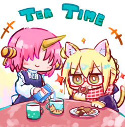  +++ 2girls animal_ears apron artoria_pendragon_(fate) blonde_hair blue_apron blush_stickers braid brown_eyes cat_day cat_ears cat_girl cat_tail checkerboard_cookie chibi closed_mouth commentary_request cookie cup drink_carton english_text faceless faceless_female fate/grand_order fate_(series) food food_on_face frankenstein's_monster_(fate) glasses hair_between_eyes hair_over_eyes holding holding_food horns jacket kasuga_yuuki kemonomimi_mode long_sleeves milk_carton mug multiple_girls mysterious_heroine_x_alter_(fate) plate pouring puffy_long_sleeves puffy_sleeves purple_jacket red-framed_eyewear red_scarf scarf semi-rimless_eyewear shirt single_horn sleeves_past_wrists smile sparkle tail under-rim_eyewear white_shirt 
