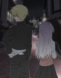  1boy 1girl anger_vein black_jacket black_pants black_skirt blonde_hair blurry blurry_background brown_vest chinese_commentary chinese_text commentary_request dark_sakura fate/stay_night fate_(series) from_behind gilgamesh_(fate) gilgamesh_(immoral_biker_jacket)_(fate) gradient_hair hair_ribbon heaven's_feel highres homurabara_academy_school_uniform jacket lioyu_f matou_sakura multicolored_hair pants pleated_skirt ribbon school_uniform skirt sweatdrop transformation translation_request trembling vest violet_eyes white_hair 