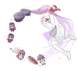  2boys 3girls black_jacket boots breasts chibi chinese_commentary coat commentary_request dress dual_persona fate/extra fate/extra_ccc fate/grand_order fate_(series) food fork grey_dress hair_ribbon hat highres if_happiness_is_a_circle_(meme) jacket kishinami_hakuno_(female) kishinami_hakuno_(female)_(mooncancer) kishinami_hakuno_(male) kishinami_hakuno_(male)_(mooncancer) large_breasts lioyu_f long_hair matou_sakura matou_sakura_(fate/extra) meme multiple_boys multiple_girls pantyhose petals purple_hair ribbon sandwich sleeves_past_wrists unworn_hat unworn_headwear very_long_hair violet_eyes wada_arco_exhibition white_boots white_coat white_jacket white_pantyhose 