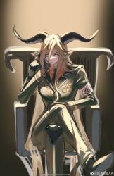  1girl :/ animal_ears arknights armband armchair armor black_gloves black_jacket black_necktie black_pants black_shoes black_suit blonde_hair breasts brown_background chair chinese_commentary collared_shirt commentary_request crabwzzzz crossed_legs degenbrecher_(arknights) dress_shoes elbow_rest foot_out_of_frame gloves goat_ears goat_girl goat_horns hair_between_eyes hand_on_own_knee head_rest highres horns jacket knee_pads lapels long_hair long_hair_between_eyes long_sleeves looking_at_viewer medal medium_breasts necktie notched_lapels orange_shirt pant_suit pants pauldrons shirt shoe_soles shoes shoulder_armor single_pauldron sitting solo spotlight straight-on suit v-shaped_eyebrows very_long_hair watermark weibo_watermark white_armband yellow_eyes 