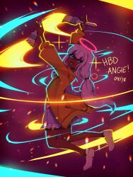  1girl artist_name blue_eyes character_name commentary danganronpa_(series) danganronpa_v3:_killing_harmony dark-skinned_female dark_skin dated english_commentary halo happy_birthday highres holding holding_paintbrush jacket long_hair long_sleeves open_mouth paintbrush shoes skirt smile solo trill_(trillmunch) white_hair white_shoes white_skirt yellow_jacket yonaga_angie 
