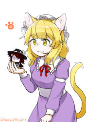  0_0 1qzxkfk9hclbyi5 2girls absurdres animal_hands black_capelet black_hat black_skirt blonde_hair bow brown_hair capelet cat_tail collared_dress commentary_request cowboy_shot disembodied_eye dress hair_bow hat hat_bow highres holding holding_mini_person in_palm kemonomimi_mode long_hair long_sleeves looking_at_another maribel_hearn mini_person mob_cap multiple_girls neck_ribbon no_mouth purple_dress red_ribbon ribbon shirt simple_background skirt sleeve_garter smile tail touhou trembling twitter_username usami_renko white_background white_bow white_shirt yellow_eyes 