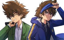  1boy blue_coat blue_headband blue_shirt brown_hair coat commentary_request digimon digimon_adventure_02 green_jacket headband hood hood_down hooded_coat jacket korean_commentary one_eye_closed open_clothes open_coat red_lyong school_uniform shirt simple_background upper_body white_background white_shirt yagami_taichi 