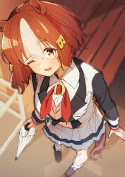  1girl absurdres animal_ears belno_light_(umamusume) black_shoes blush brown_eyes brown_hair commentary_request foreshortening gorioshi0802 highres holding holding_umbrella horse_ears horse_girl horse_tail kasamatsu_tracen_school_uniform long_sleeves one_eye_closed open_mouth school_uniform shirt shoes short_hair sketch skirt smile socks solo standing tail tile_floor tiles umamusume umbrella white_shirt white_skirt white_socks 