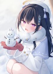  1girl absurdres angel_wings beret black_hair blue_bow blue_capelet bow capelet commentary_request feathered_wings fur-trimmed_gloves fur_collar fur_trim gloves hair_between_eyes hair_bow hair_ornament halo hat highres ichinose_uruha ichinose_uruha_(7th_costume) long_hair long_sleeves looking_at_viewer mini_snowman open_mouth planet_hair_ornament puni_(yuuki-0215) red_gloves smile snow snowman solo squatting two_side_up violet_eyes virtual_youtuber vspo! white_hat white_wings wide_sleeves wings 