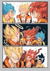  biceps blue_eyes blue_sash body_fur dragon_ball dragon_ball_gt dragon_ball_super dragon_ball_z gogeta highres male_focus metamoran_vest monkey_boy monkey_tail multiple_persona muscular muscular_male no_nipples pants pectorals red_fur red_hair relio_db318 sash simple_background smile spiky_hair super_saiyan super_saiyan_1 super_saiyan_4 super_saiyan_blue tail veins veiny_hands 