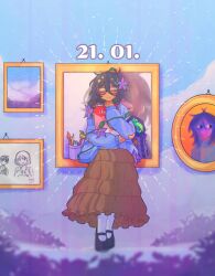  1girl antenna_hair black_hair black_shoes blue_cardigan blurry bow brown_skirt captain_spaceboy cardigan cardigan_partially_removed character_charm charm_(object) chromatic_aberration closed_eyes closed_mouth clouds commentary cowlick cup dark-skinned_female dark_skin dated depth_of_field donuqx double-parted_bangs drop_shadow english_commentary facing_viewer floral_print flower frilled_skirt frills full_body glasses hair_between_eyes hair_ornament hand_up highres holding holding_sketchbook kel_(faraway)_(omori) kel_(omori) leaf long_skirt long_sleeves marker mary_janes medium_hair mincy_(omori) mole mole_under_mouth omori open_cardigan open_clothes paintbrush pantyhose pencil pocket portrait_(object) puffy_long_sleeves puffy_sleeves purple_background purple_flower red-framed_eyewear shirt shoes simple_background sitting sketchbook skirt sleeveless sleeveless_shirt smile solo star_(symbol) star_hair_ornament straight-on sunny_(omori) u_u white_bow white_pantyhose white_shirt 