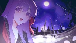  1girl black_serafuku chinese_commentary commentary_request fate/extra fate/extra_ccc fate_(series) hair_ribbon highres lioyu_f long_hair matou_sakura matou_sakura_(fate/extra) open_mouth portrait purple_hair purple_sky ribbon school_uniform serafuku sky smile solo violet_eyes 