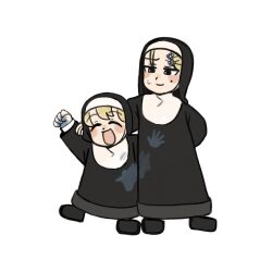  2girls :d black_shoes blonde_hair blue_eyes chibi closed_eyes clumsy_nun_(diva) commentary dirty dirty_clothes diva_(hyxpk) english_commentary highres little_nuns_(diva) mole mole_on_cheek multiple_girls nun shoes smile strict_nun_(diva) traditional_nun white_background 