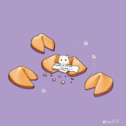  animal commentary_request crumbs food fortune_cookie_(food) hamster looking_at_viewer no_humans original paper purple_background simple_background translation_request upiupisyo 