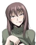  1girl blush brown_eyes brown_hair hetza_(hellshock) long_hair ribbed_sweater shirt_lift simple_background solo sweater tongue turtleneck white_background 