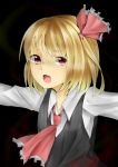  1girl asagasumi_aisu ascot black_background blonde_hair bust dress_shirt hair_ribbon looking_at_viewer open_mouth outstretched_arms red_eyes ribbon rumia shirt short_hair simple_background solo spread_arms touhou vest 