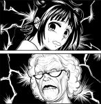  angry choufu_shimin comic cookie_clicker grandma_(cookie_clicker) kantai_collection monochrome naka_(kantai_collection) scared tears 