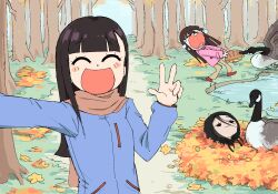  3girls :3 :d animal autumn autumn_leaves bird black_hair blue_jacket blush_stickers canada_goose closed_eyes commentary dot_nose drawstring english_commentary food goose hair_between_eyes highres hood hood_up jacket leaf leaf_pile long_hair multiple_girls original outdoors partially_buried path pink_jacket pond sandwich scarf selfie smile submarine_sandwich sweetbreadyay tears tree v water 
