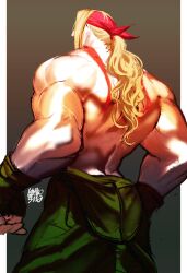  1boy alex_(street_fighter) back back_focus bandana blonde_hair commentary cowboy_shot facing_away fingerless_gloves from_behind gloves headband highres kiriko3110 long_hair male_focus muscular muscular_male pants ponytail red_bandana red_headband solo street_fighter street_fighter_iii_(series) tattoo topless_male veins 