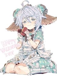  +_+ 1girl ahoge apron black_bow blue_eyes blush bow box bun_cover closed_mouth double_bun dress gloves gorirago granblue_fantasy hair_between_eyes hair_bun hair_ornament hairclip happy_valentine harvin heart-shaped_box highres holding kneehighs looking_at_viewer shoes short_hair short_sleeves simple_background sitting socks solo wamdus_(granblue_fantasy) white_background white_bow white_gloves 