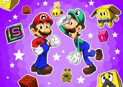  3boys ?_block block_(mario) blue_overalls broggy_(mario) broque_monsieur brothers brown_hair facial_hair gloves green_hat green_shirt hat highres luigi male_focus mario mario_&amp;_luigi:_bowser's_inside_story mario_&amp;_luigi_rpg multiple_boys mustache open_mouth overalls red_hat red_shirt shirt short_hair siblings standing standing_on_one_leg starlow super_mario_bros. white_gloves yamari_(ya_mari_6363) 