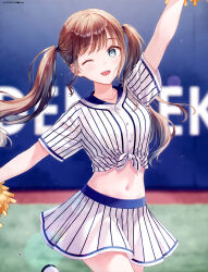  1girl ;d absurdres aqua_eyes arm_up artist_name baseball_jersey blurry blurry_background breasts brown_hair cheerleader collarbone cowboy_shot dengeki_moeoh depth_of_field flying_sweatdrops hair_tie highres hiten_(hitenkei) holding holding_pom_poms jersey light_blush long_hair looking_at_viewer magazine_scan medium_breasts midriff miniskirt navel one_eye_closed open_mouth original outdoors outstretched_arms pinstripe_pattern pinstripe_skirt pom_pom_(cheerleading) scan short_sleeves sidelocks skirt smile solo swept_bangs teeth third-party_source twintails upper_teeth_only white_skirt 