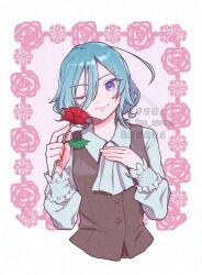  1girl ;) androgynous aqua_hair ascot black_vest border commentary flower hair_between_eyes hand_on_own_chest highres holding holding_flower kimi_no_koto_ga_dai_dai_dai_dai_daisuki_na_100-nin_no_kanojo long_sleeves looking_at_viewer nakaji_uto one_eye_closed ornate_border red_flower red_rose rose sasarasa shirt short_hair simple_background smile solo upper_body vest watermark white_ascot white_shirt 