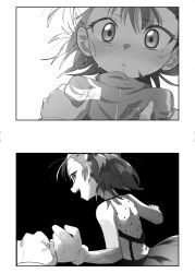  1girl blush commentary_request figure_skating_dress fishnet_sleeves fishnets fist_bump fur-trimmed_gloves fur_trim gloves greyscale hands_on_another's_shoulders highres jacket looking_at_viewer looking_back medalist_(manga) miketa_ryouka monochrome nzeneee open_mouth parted_lips pov smile sweatdrop track_jacket two_side_up 