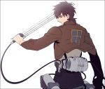  1boy brown_hair fate/zero fate_(series) from_behind insignia jacket kotomine_kirei shingeki_no_kyojin solo sword three-dimensional_maneuver_gear weapon zihad 