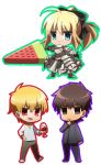  1girl 2boys ahoge armor armored_dress blonde_hair brown_eyes brown_hair chibi fate/unlimited_codes fate/zero fate_(series) gilgamesh green_eyes kotomine_kirei multiple_boys popsicle red_eyes ruchi saber saber_lily watermelon_bar 