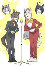  4girls animal_ears black_jacket black_pants black_shoes bow bowtie brown_hair brown_hat closed_eyes collared_shirt commentary_request eishin_flash_(umamusume) full_body gold_ship_(umamusume) grey_hair hat highres horse_ears horse_girl horse_tail jacket long_hair long_sleeves looking_at_another microphone_stand multicolored_hair multiple_girls necktie open_mouth orange_bow orange_bowtie own_hands_together pants pillbox_hat red_jacket red_pants red_shirt rose_kingdom_(umamusume) rulership_(umamusume) shirt shoes short_hair sketch sonabaija stand-up_comedy standing streaked_hair tail umamusume v-shaped_eyebrows white_shirt white_shoes yellow_necktie 