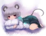  1girl animal_ears barefoot covering_mouth dress gradient gradient_background grey_hair jewelry long_sleeves looking_at_viewer lying maccha_cocoa mouse_ears mouse_tail nazrin on_stomach pendant pillow pillow_hug purple_background red_eyes short_hair simple_background solo tail touhou 