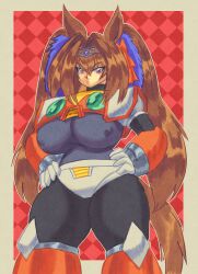  1girl absurdres animal_ears armor blush bow breasts brown_hair chest_jewel cosplay daiwa_scarlet_(umamusume) gloves hair_between_eyes hair_bow hair_intakes hands_on_own_hips highres horse_ears horse_girl horse_tail huge_breasts jewelry large_breasts long_hair looking_at_viewer lueduar mega_man_(series) mega_man_x_(series) red_armor red_background red_bow red_eyes shoulder_armor simple_background solo tail thighs tiara twintails two-tone_background umamusume under_boob very_long_hair white_background white_gloves zero_(mega_man) zero_(mega_man)_(cosplay) 