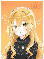  1girl black_sweater blush commentary double-parted_bangs hair_between_eyes hair_down highres inda_karane kimi_no_koto_ga_dai_dai_dai_dai_daisuki_na_100-nin_no_kanojo long_hair looking_at_viewer orange_background orange_eyes orange_hair outline parted_lips simple_background sleepy solo squeans sweater tadanoakaunto12 turtleneck turtleneck_sweater upper_body white_outline 