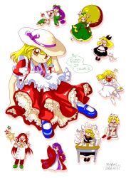  6+girls alternate_color apron asakura_rikako black_capelet black_dress black_ribbon black_shoes blonde_hair blue_shoes blush_stickers book bow buttons capelet cat chair closed_eyes conical_hat desk dress ellen_(touhou) flask floral_print food frilled_dress frills genjii_(touhou) ghost_tail glasses green_bow green_dress green_hat green_pants green_shoes hair_bow hairband hakurei_reimu happy hat hat_ribbon highres holding holding_book holding_flask holding_food holding_ice_cream ice_cream japanese_clothes kana_anaberal kimono kiri0ai kirisame_marisa kitashirakawa_chiyuri kotohime_(touhou) lab_coat long_sleeves mary_janes mima_(touhou) moon multiple_girls musical_note neck_ribbon official_alternate_color okazaki_yumemi on_chair orb pants phantasmagoria_of_dim.dream playable_command_(touhou) ponytail purple_hair purple_ribbon reading red_dress red_hair red_kimono red_pants red_shoes ribbon sailor_hat sandals shoes short_sleeves shorts socks sokrates_(touhou) solo_focus star_(symbol) too_many_papers touhou touhou_(pc-98) turtle twintails unworn_headwear white_apron white_dress white_hairband white_hat white_shorts white_socks wide_sleeves witch_hat writing yellow_bow yellow_eyes yin_yang yin_yang_orb zun_(style) 