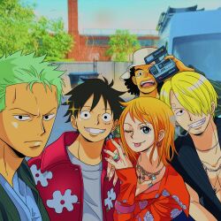  1girl 4boys absurdres black_hair blonde_hair blue_eyes blurry blurry_background camera chandllucky cigarette closed_mouth collarbone commentary curly_eyebrows earrings floral_print green_hair grin hair_over_one_eye hand_on_another's_shoulder hat highres holding holding_camera jewelry long_nose looking_at_viewer monkey_d._luffy multiple_boys nami_(one_piece) necklace one_eye_closed one_piece one_piece_(live_action) open_clothes open_shirt orange_hair outdoors print_shirt red_shirt ring roronoa_zoro sanji_(one_piece) scar scar_on_cheek scar_on_face shirt short_hair smile sparkle straw_hat_pirates tongue tongue_out upper_body usopp white_hat white_shirt 