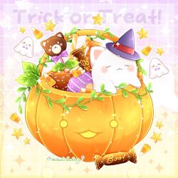  :3 blush_stickers bow bowtie candy candy_corn cat chocolate chocomiruki commentary english_commentary english_text food ghost gradient_background halloween_bucket hat leaf lollipop no_humans original pumpkin sparkle star_(symbol) witch_hat 
