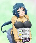  1girl akanerun apron blue_hair breast_rest breasts green_eyes gundam gundam_build_fighters haro_button_badge iori_rinko jeans large_breasts leaning_forward long_hair ponytail ribbed_sweater smile solo sweater very_long_hair 