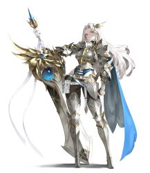  1girl 95_inner absurdres armor bare_hips black_pants blue_cape blue_eyes blue_gem breastplate breasts cape closed_mouth english_commentary eyebrows_hidden_by_hair fingerless_gloves forehead gauntlets gem gloves gold gold_trim greatsword greaves hair_ornament hand_on_hilt highres holding holding_sword holding_weapon knight looking_at_viewer medium_breasts original pants parted_bangs revealing_clothes side_cape solo standing sword weapon white_background white_hair wing_hair_ornament 