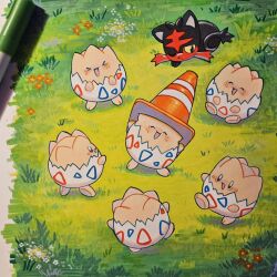  >_< art_tools_in_frame closed_eyes commentary english_commentary flower grass highres litten marker_(medium) no_humans one_eye_closed open_mouth outdoors photo_(medium) pokemon pokemon_(creature) smile togepi traditional_media traffic_cone traffic_cone_on_head zukaichu 