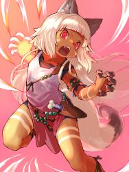  1girl absurdres armlet beads black_claws bone_dagger claws combat_knife dark dark-skinned_female dark_skin dot_nose dress facepaint fangs fantasy finger_claws fox_tail furry furry_female glowing_claws gradient_background gradient_clothes gradient_dress grey_hair grey_tail highres incoming_attack jewelry knife knife_sheath leather_strap long_hair looking_at_viewer ochette_(octopath_traveler) octopath_traveler octopath_traveler_ii open_mouth paint paint_on_body pointy_ears red_eyes saizo_sasaki sandals sheath short_dress slashing square_enix tail tribal tribal_print undershirt very_long_hair weapon white_facepaint white_hair white_paint white_tail 