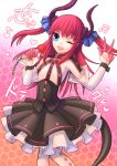  1girl blue_eyes claws detached_sleeves dress fate/extra_ccc fate_(series) horns lancer_(fate/extra_ccc) long_hair microphone pink_hair pointy_ears sanada_(teketo) solo tail two_side_up wink 