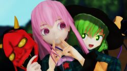  2girls 3d bow collared_shirt commentary_request forced_smile furui glowing glowing_eyes green_hair hair_between_eyes hat hat_bow hat_ribbon hata_no_kokoro highres komeiji_koishi looking_at_another mask mikumikudance_(medium) multiple_girls oni_mask pink_bow pink_eyes pink_hair plaid_clothes plaid_shirt ribbon shirt touhou upper_body 