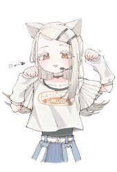  1girl :3 absurdres animal_ears arm_warmers belt black_choker black_shirt blue_skirt blush cat_ears cat_girl choker collarbone colored_eyelashes commentary_request flipped_hair gakuen_idolmaster grey_hair hands_up highres idolmaster kemonomimi_mode long_hair looking_at_viewer marieshi open_mouth orange_eyes paw_pose shinosawa_hiro shirt short_sleeves simple_background skirt solo undershirt upper_body white_arm_warmers white_background white_belt white_shirt 