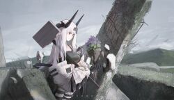  1girl absurdres arknights black_gloves black_horns black_sports_bra breasts character_name chinese_commentary commentary_request day demon_girl demon_horns expressionless film_grain flower flower_request gloves gnnim4 hammer heavy_film_grain highres holding holding_hammer horizon horns jumpsuit large_breasts material_growth moss mudrock_(arknights) off_shoulder open_jumpsuit originium_(arknights) oripathy_lesion_(arknights) outdoors overcast plaant pointy_ears purple_flower red_eyes rubble ruins scenery simple_bird sky sledgehammer solo sports_bra truss war_hammer weapon white_hair white_jumpsuit 